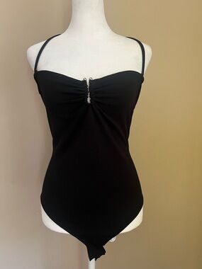 BOHO Black Ruched Front Bodysuit with Spaghetti Straps